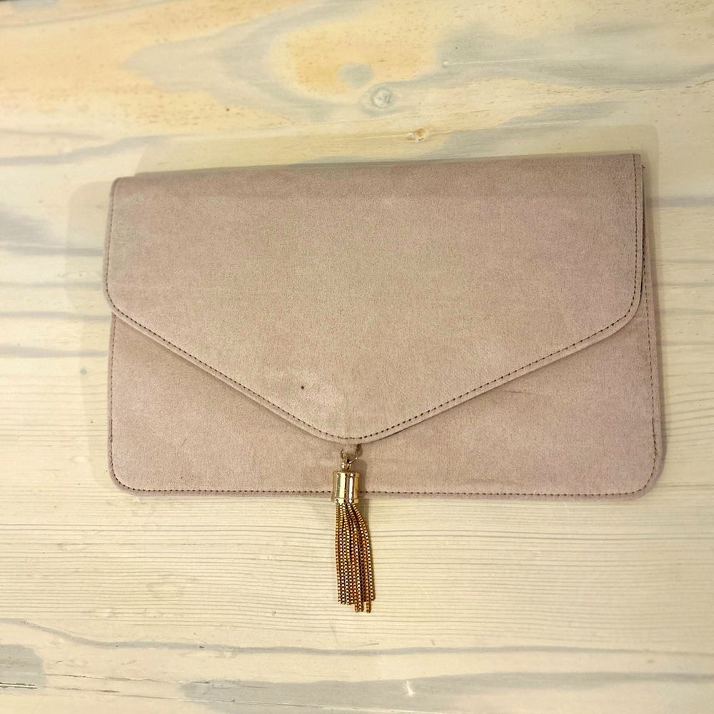 ASOS Taupe Suede Clutch with Gold Tassel Accent